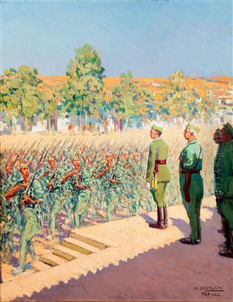 El General Franco Y El General Yague Presidiendo El Desfile De La Legion En Dar Riffien Oil Painting by Mariano Bertuchi