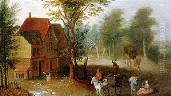 Paysage Forestier Anime D'attelages Et Villageois Oil Painting by Balthasar Beschey