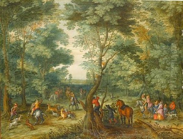 A Wooded Landscape With An Elegant Party Onlookers Watching As Huntsman Move In With Their Hounds For The Kill Of A Stag And Hart Oil Painting by Karel Beschey