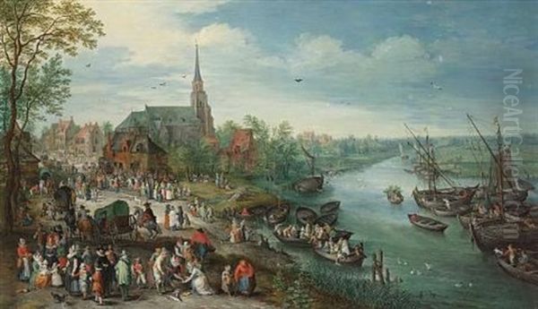 A Village Landscape With A Portrait Of Jan Brueghel The Elder And His Family And Numerous Other Figures By A River Oil Painting by Karel Beschey
