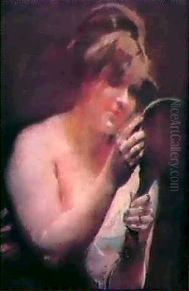 Jeune Femme Au Miroir (pastel On Paper Mounted On Canvas) Oil Painting by Albert Besnard