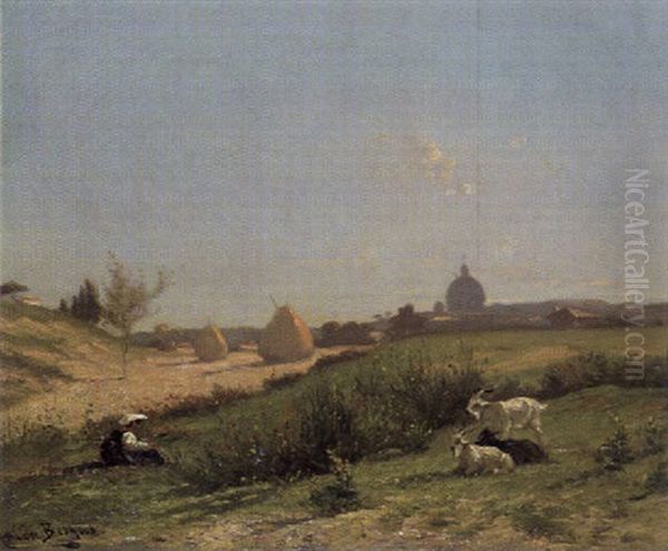 Hirtin Mit Ziegen Vor Einem Abgeernteten Getreidefeld Oil Painting by Amedee Besnus