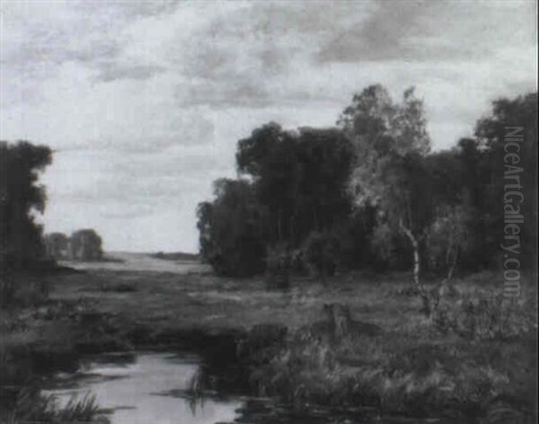 Waldschneise Mit Rehen An Einem Weiher Oil Painting by Hans Best