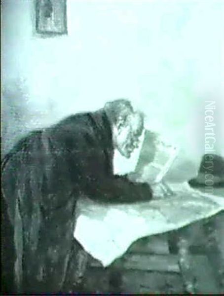 Alter Mann, Uber Zeitung Und Landkate Gebeugt Oil Painting by Hans Best