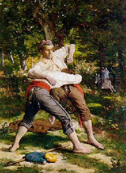 Basques Wrestling Oil Painting by Emile Betsellere