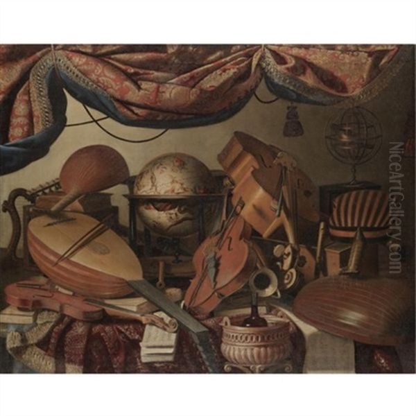 A Still Life With Musical Instruments Including A Viola, A Violin, A Cello And A Selection Of Lutes, Along With A Globe And Tomes Of Classical Literature Oil Painting by Bartolomeo Bettera