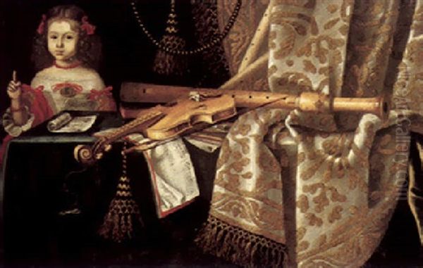 A Girl With A Stil Life Of Musical Instruments And Scores, All On A Table Draped With An Embroidered Curtain Oil Painting by Bartolomeo Bettera