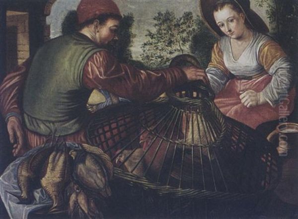 A Poultry Vendor And A Peasant Woman Oil Painting by Joachim Beuckelaer