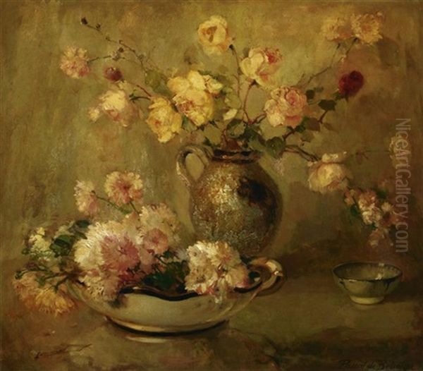 Stilleben Mit Rosen In Einem Tonkrug Sowie Einer Porzellanschale Oil Painting by Pascal De Beucker