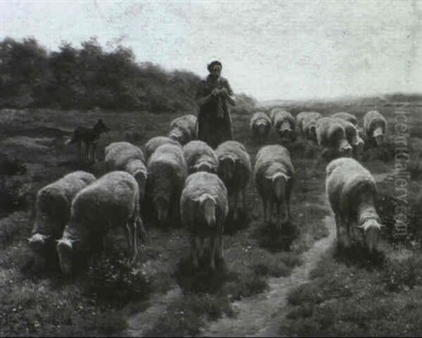 H_temadchen Und Schafherde In Weiter Heidelandschaft Oil Painting by Frans De Beul