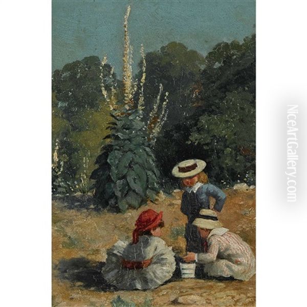 Spielende Kinder Im Sommerlichen Garten Oil Painting by Emil Beurmann