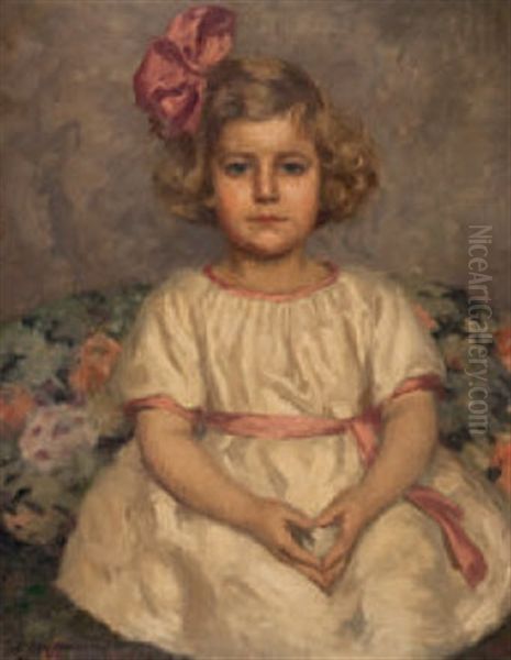 Bildnis Eines Kleinen Madchens Mit Rosa Schleife Im Haar Oil Painting by Emil Beurmann