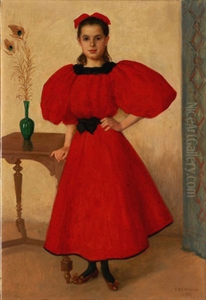 Madchen In Rotem Kleid Oil Painting by Emil Beurmann