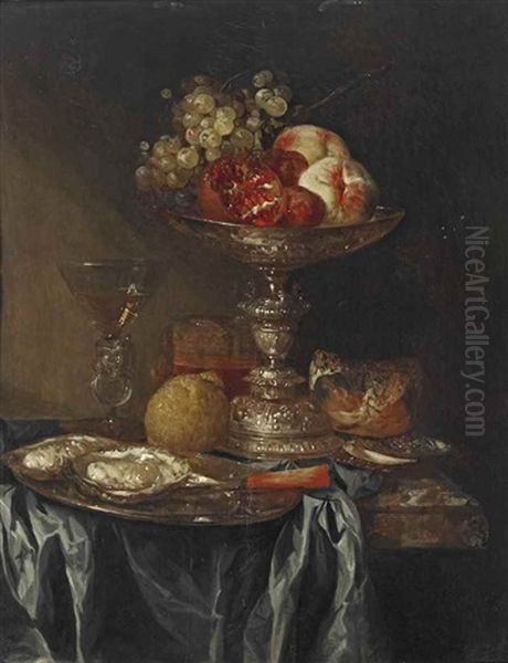 Grapes, Pomegranates And Peaches In A Silver Tazza, Oysters On A Pewter Plate, A Facon-de-venice Glass With White Wine, A Glass Of Beer, A Lemon And A Bread Roll, On A Partially Draped Marble Table Oil Painting by Abraham van Beyeren