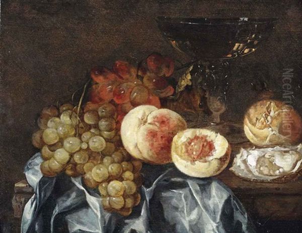 Peaches, Grapes, A Wineglass, An Oyster And A Piece Of Bread, All On A Partially Draped Marble Ledge Oil Painting by Abraham van Beyeren