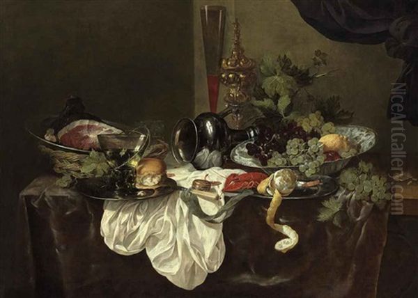 A Roemer, A Bread Roll, A Peeled Lemon, A Langoustine And A Ham On Pewter Plates, With An Upturned Pewter Jug, Grapes And A Lemon In A Wan-li Kraak Porcelain Bowl, A Tall Wine Glass And A Cup And Cover On A Partially Draped Table Oil Painting by Abraham van Beyeren