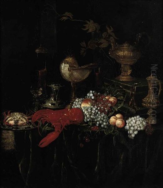 A Lobster, A Crab On An Enameled Plate, Peaches, Grapes, Glasses Of Wine And Gilded Vessels On A Draped Table Oil Painting by Abraham van Beyeren
