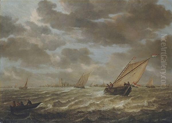 Shipping On The Maas, With A View Of Rotterdam Beyond Oil Painting by Abraham van Beyeren