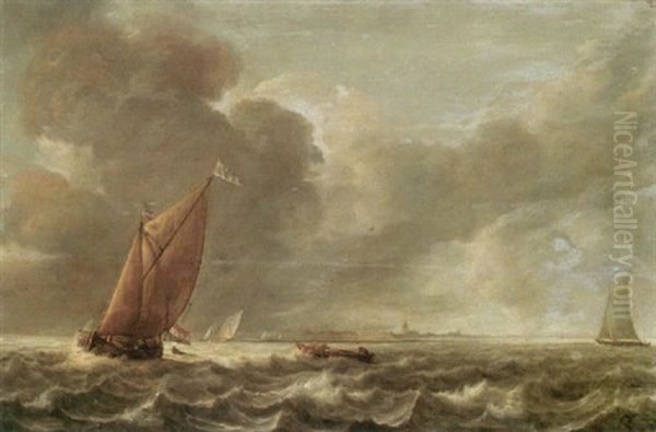 Seascape With A Smalschip And Other Light Vessels In A Stiff Breeze Oil Painting by Abraham van Beyeren