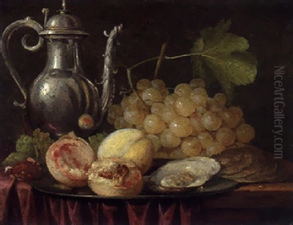 A Silver Ewer, A Bunch Of Grapes With Peaches And Oysters On A Pewter Plate, On A Partially Draped Table Oil Painting by Abraham van Beyeren
