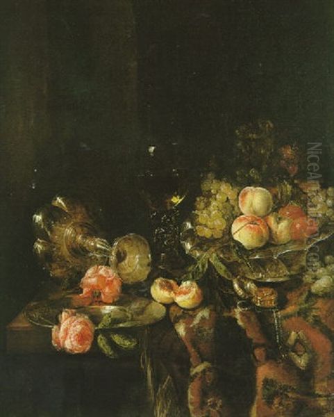 Nature Morte Au Plat De Fruits, Verre De Vin Et Roses Sur Un Entablement Oil Painting by Abraham van Beyeren