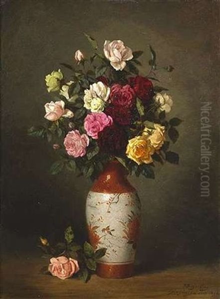 Bunte Rosen In Einer Asiatischen Vase Oil Painting by Robert Julius Beyschlag