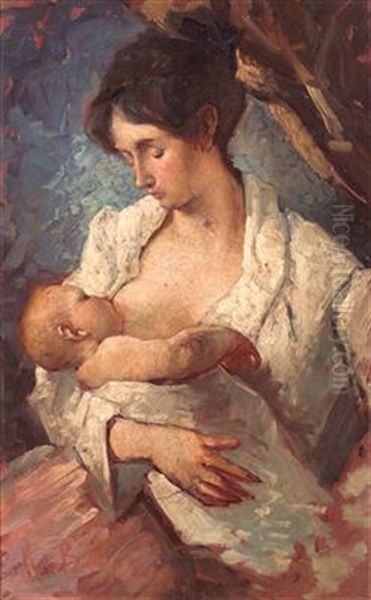 Mother Breastfeeding Oil Painting by Mose Bianchi
