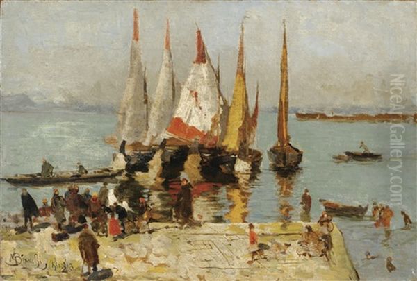 Bateaux Sur La Lagune, Venise Oil Painting by Mose Bianchi