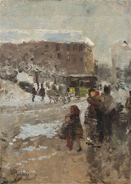 Il Carrobbio Sotto La Neve Oil Painting by Mose Bianchi