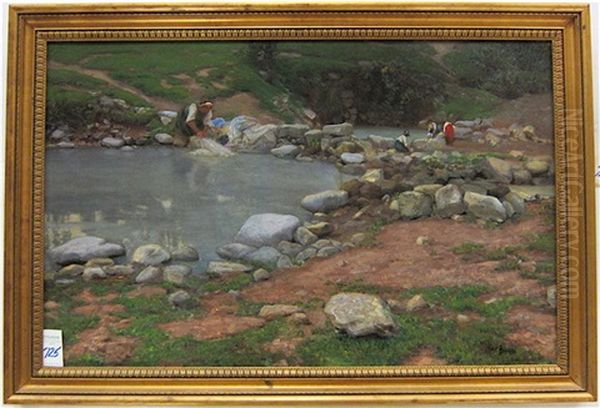 Four Italian Women Doing Laundry In River Pools Using Boulders As Wash Boards Oil Painting by Mose Bianchi