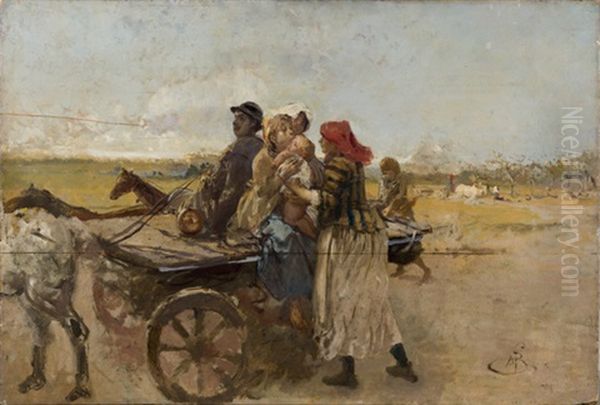 Ritorno Dai Campi (figura Femminile In Abiti Eleganti Che Esce Da Un Sipario (bozzetto), Verso) Oil Painting by Mose Bianchi