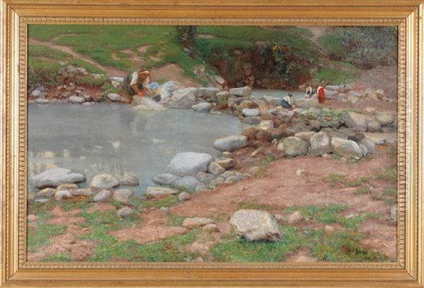 Italian Women Doing Laundry In Pools Amid Boulders Oil Painting by Mose Bianchi