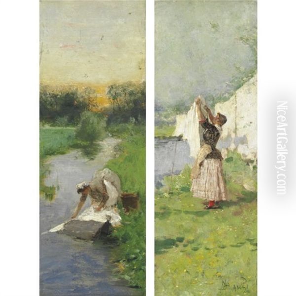 Lavandaie (pair) Oil Painting by Mose Bianchi