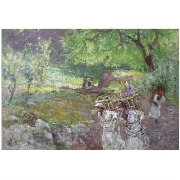 Girls With Fruit Baskets In A Landscape Oil Painting by Mose Bianchi