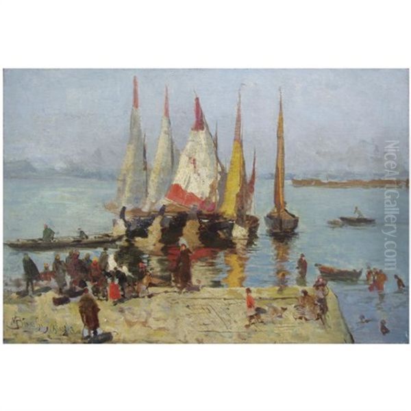 Sailing Boats On The Lagoon, Venice ( + Sketch Of A Venetian Carnical, Verso) Oil Painting by Mose Bianchi