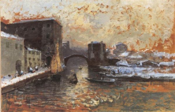 Chioggia D'inverno Oil Painting by Mose Bianchi