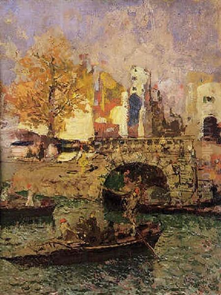 La Darsena Di Porta Ticinese Oil Painting by Mose Bianchi