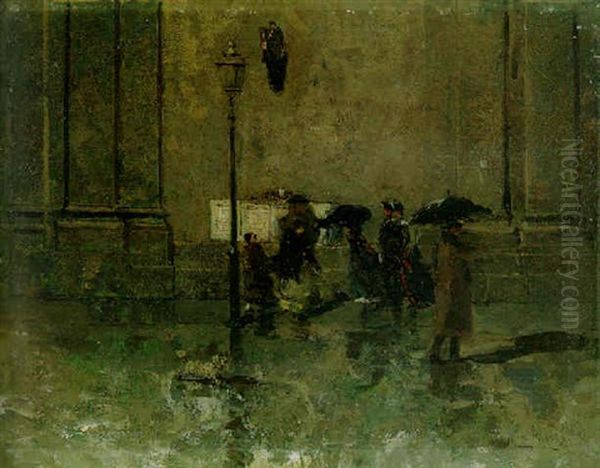 Una Strada Sotto La Pioggia, Milano Oil Painting by Mose Bianchi