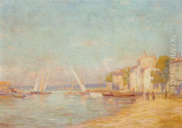 An Italian Harbour Oil Painting by Mose Bianchi