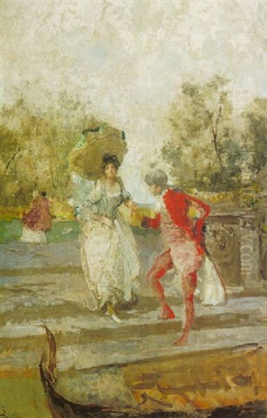 Embarking On A Gondola Oil Painting by Mose Bianchi