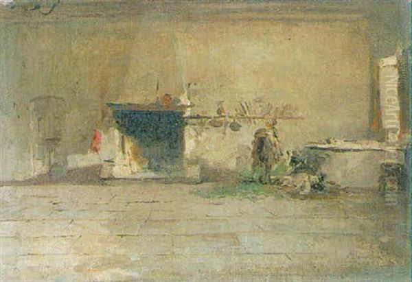 Figure By A Fireplace In An Interior Oil Painting by Mose Bianchi