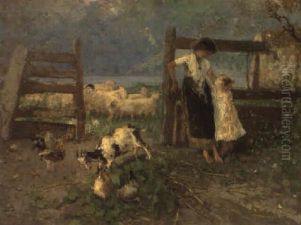 Campagna Lombarda Con Gregge E Contadinelle In Riva Al Lago Oil Painting by Mose Bianchi