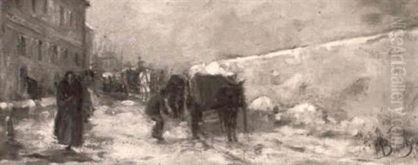 Winter Street Scene Oil Painting by Mose Bianchi