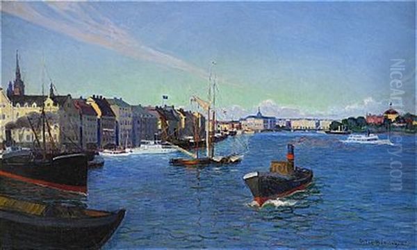 Utsikt Fran Katarinavagen Mot Skeppsbron - Stockholm Oil Painting by Arthur Bianchini