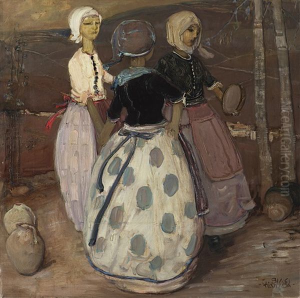 Danzatrici E Suonatrice Oil Painting by Giuseppe Biasi Da Teulada