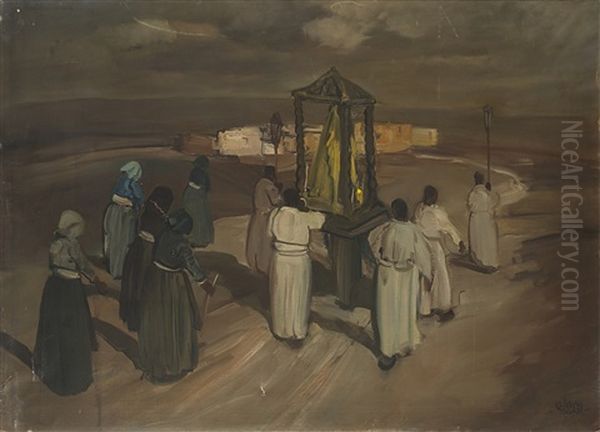 Processione Oil Painting by Giuseppe Biasi Da Teulada
