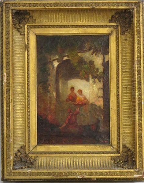 Man In Boat Presenting Fruit Basket To Ladies In A Window Oil Painting by Albion Harris Bicknell