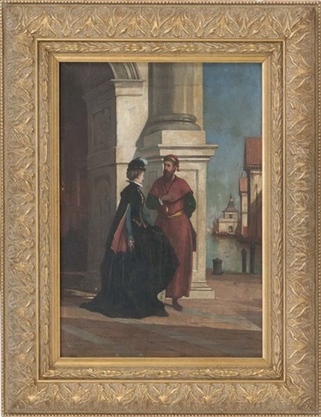 Continental Scene Of A Man And Woman In Conversation Near A Harbor Oil Painting by Albion Harris Bicknell