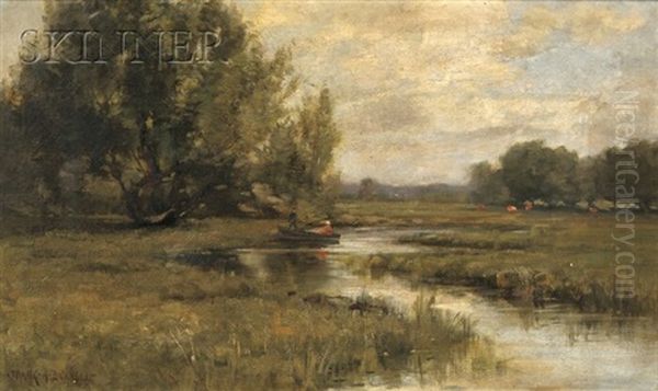 Marsh View With Figures In A Punt Oil Painting by Frank Alfred Bicknell
