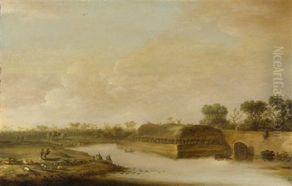 Weite Flusslandschaft Mit Deich, Die Silhouette Einer Windmuhle Im Hintergrund Oil Painting by Cornelis de Bie